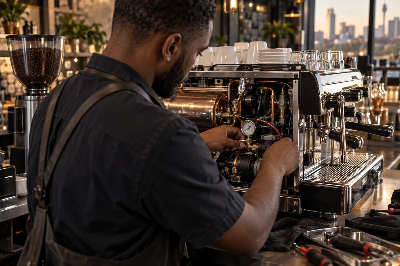 Technician servicing an espresso coffee machine