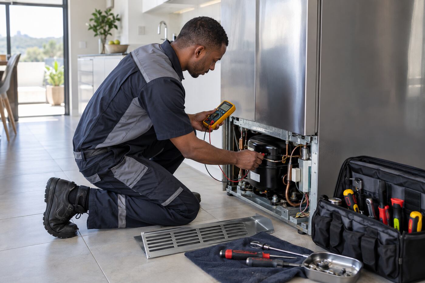 Technician inspecting a refrigerator