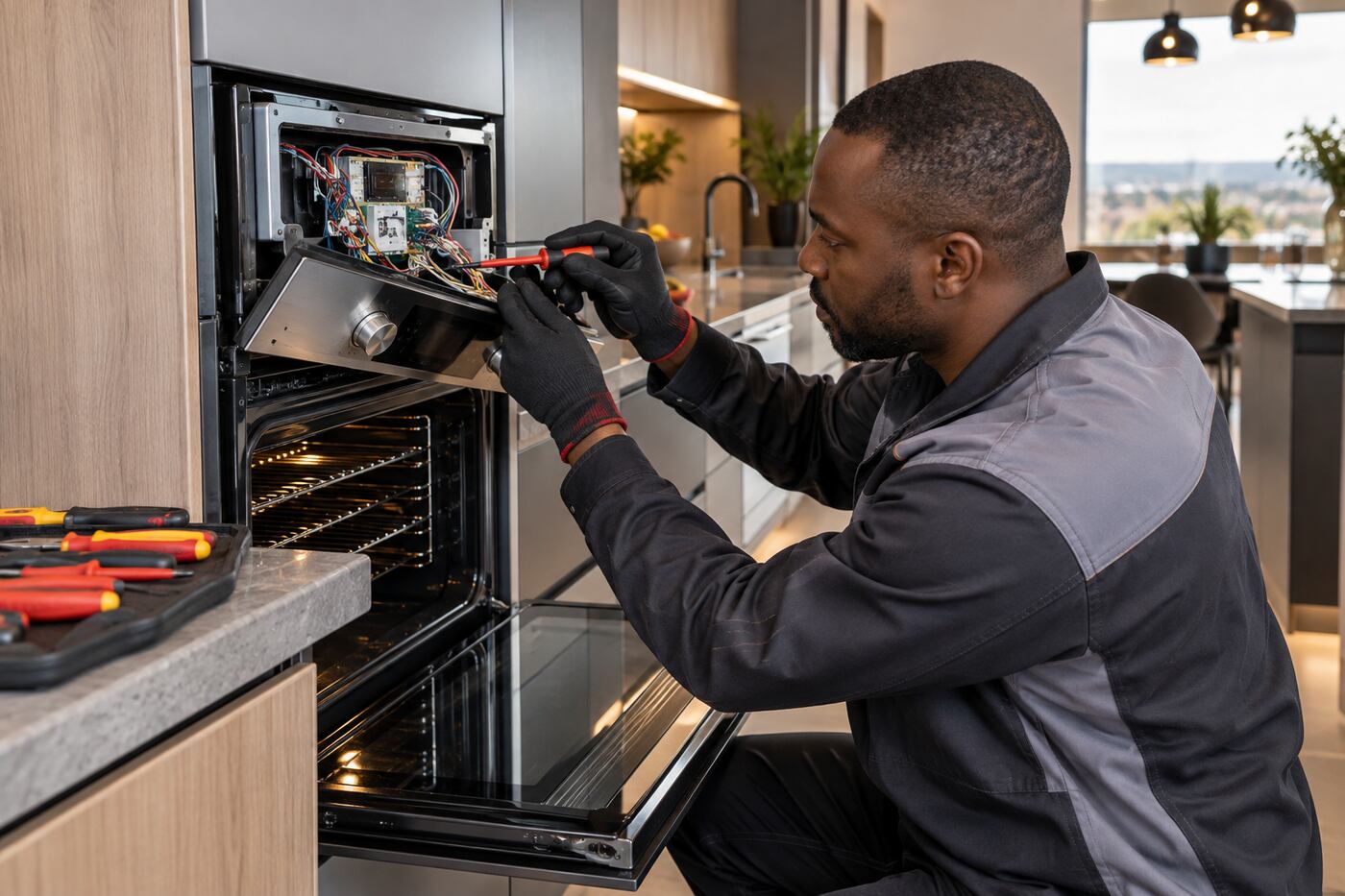 Technician diagnosing a built-in oven